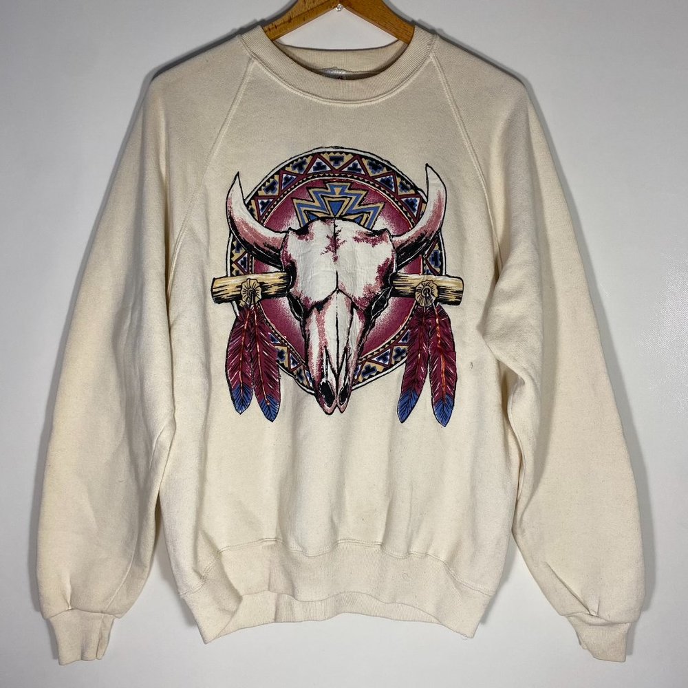 Jerzees Women Sweater Western Printed Cow Skull Print Sweatshirt USA Tan Sz XL